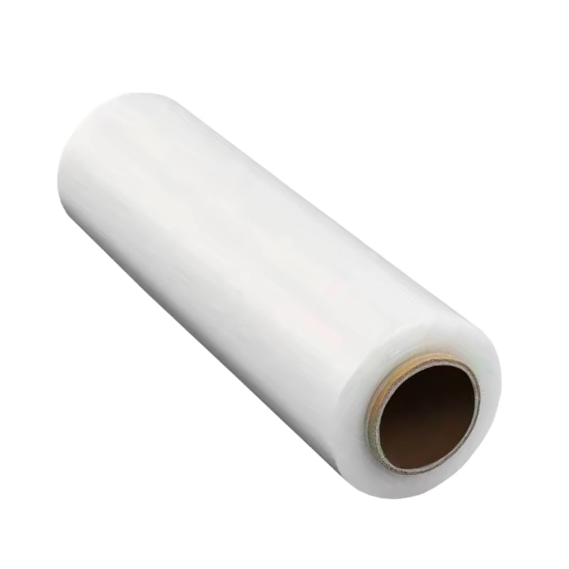 Clear roll of transparent plastic stretch wrap 14" x 400M, used for securing furniture for moving and storage.