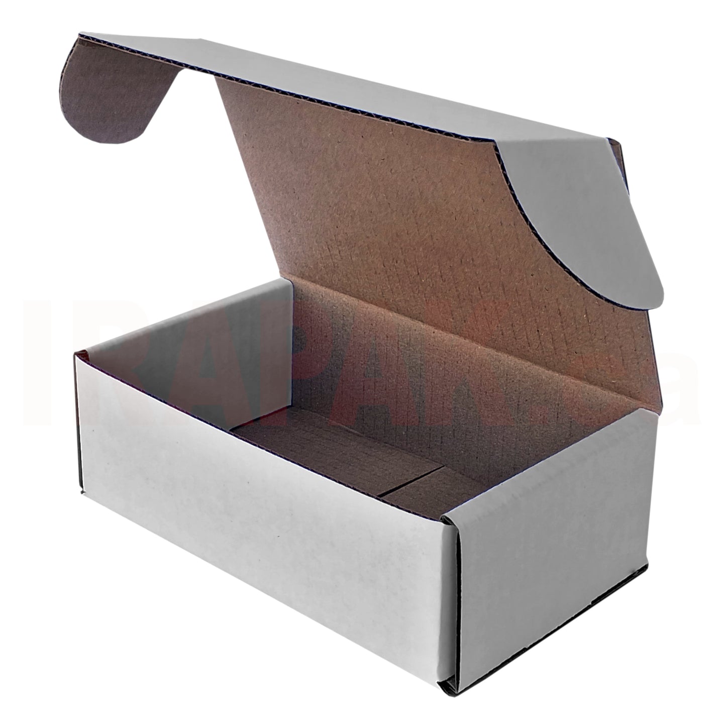 Tab lock corrugated mailer box with white exterior and natural kraft brown interior for smartphones.