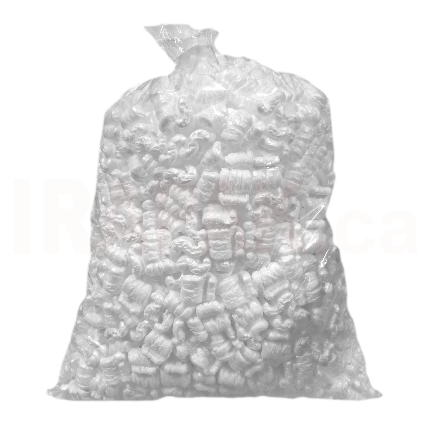 A 0.75 cubic feet clear plastic bag filled with white static-free foam packing peanuts used for shipping box void fill.