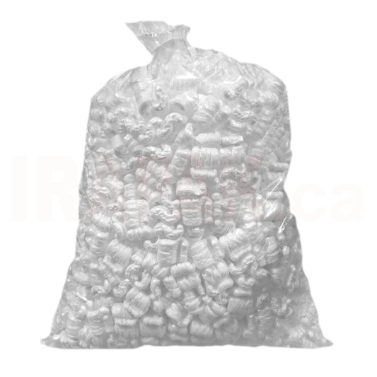 A 0.75 cubic feet clear plastic bag filled with white static-free foam packing peanuts used for shipping box void fill.