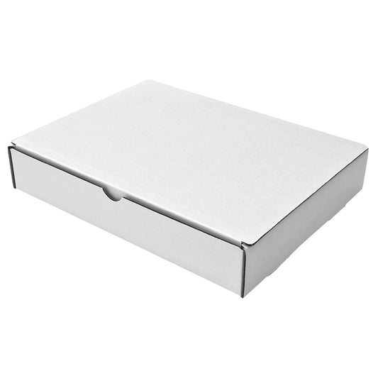White 11 1/8x8 3/4x2 literature mailer box closed. Clean shipping box for brochures and clothing.