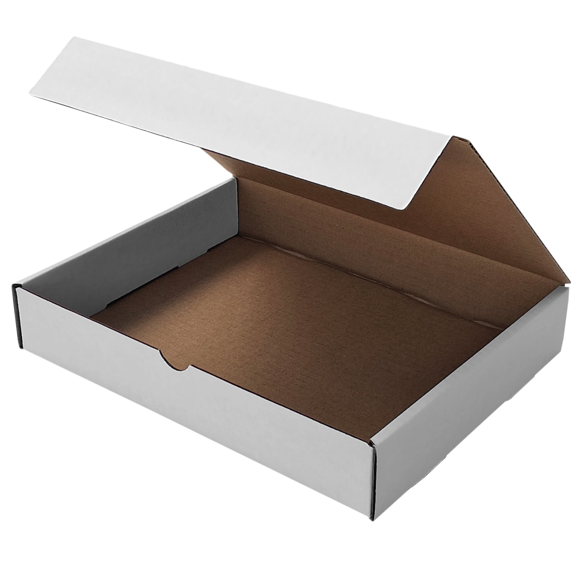 Open white 11 1/8x8 3/4x2 literature box with kraft interior. Premium presentation for e-commerce.