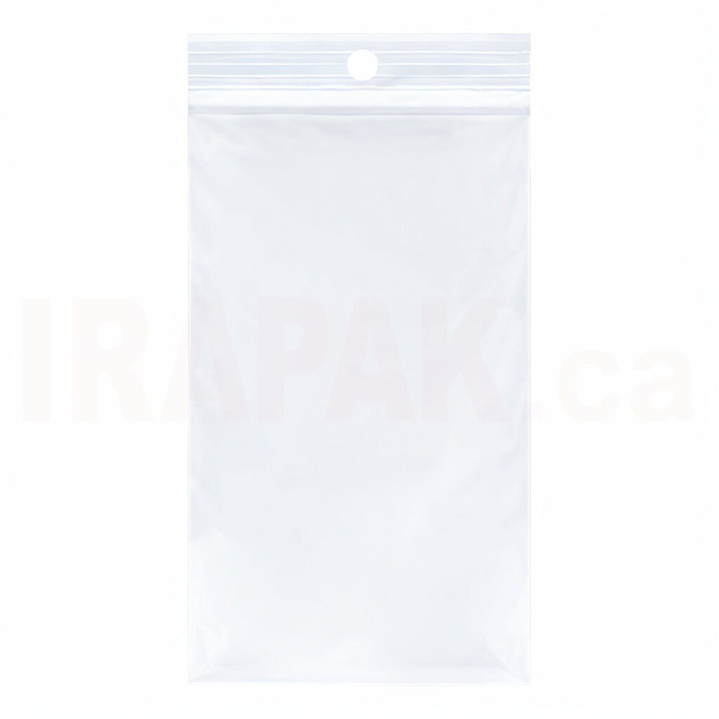 3x5 inch 4 mil industrial plastic reclosable bag with hang hole for long bolts, drill bits, and more.