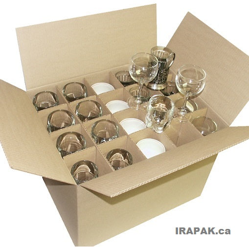 Heavy-duty 20x16x14 moving box with dividers to safely pack and store up to 40 glasses.