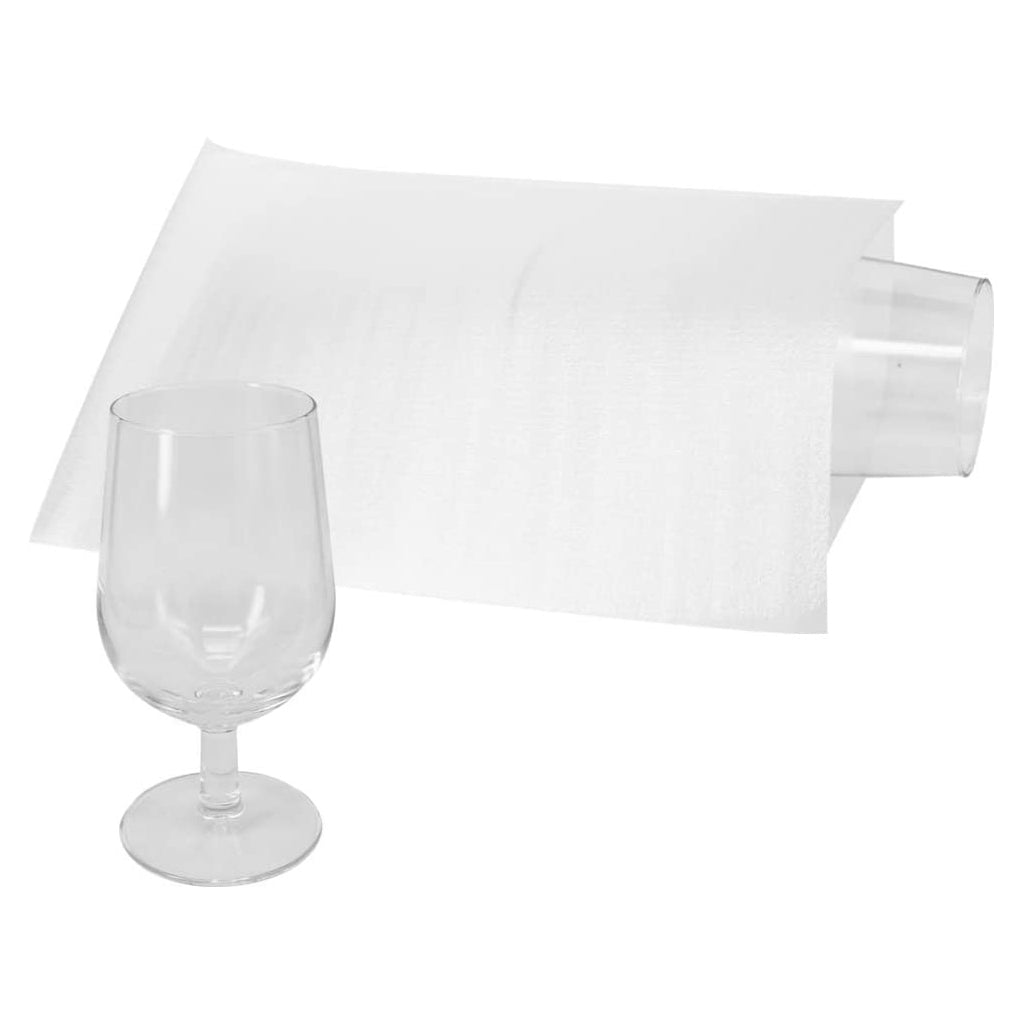 Pack of twelve 7x12 inch white polyethylene foam pouches holding a wine glass for easy moving and storage.