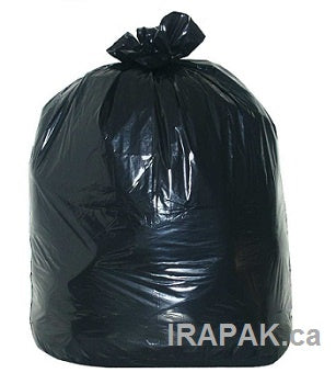 Heavy-duty black plastic garbage bag, single view, isolated on white background.
