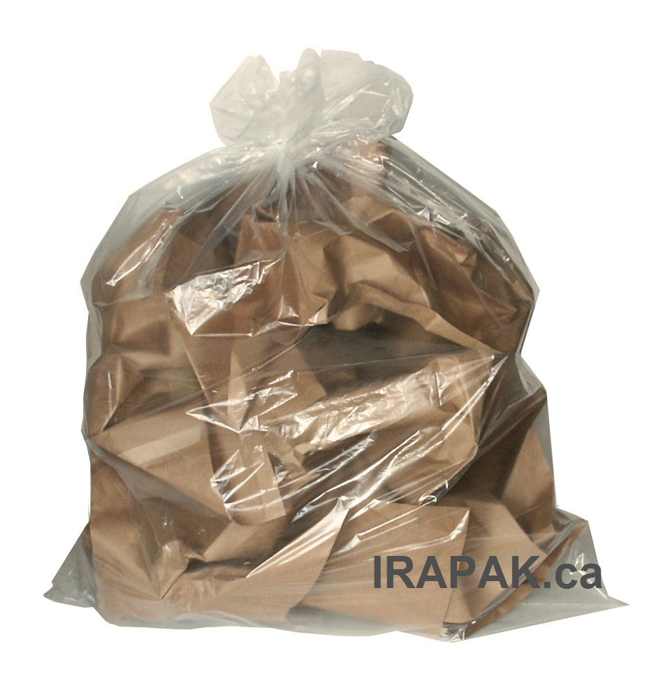 Heavy-duty clear plastic garbage bag, showing paper inside.