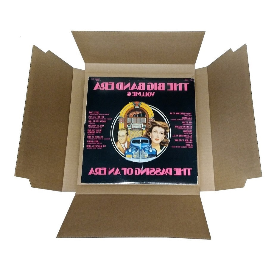 Open heavy-duty vinyl mailer showing a 12-inch record inside within reinforced protective corners and edges.