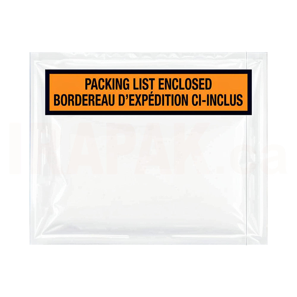 Packing list envelopes 4.5" x 5.5" inside dimensions printed bilingual English and French side opening peel and stick