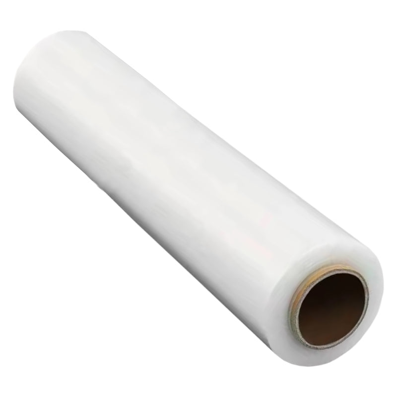A single roll of clear plastic stretch film wrap for securing boxes and furniture during a move.