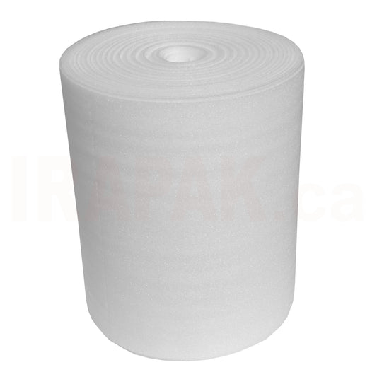 12 inch by 120 feet roll of 1/16 inch polyethylene foam cushioning wrap for packing, shipping, and storage.
