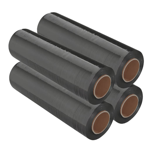Case of 4 rolls of 14 inch by 1500 feet black 80 gauge stretch wrap for industrial pallet wrapping and secure shipping.